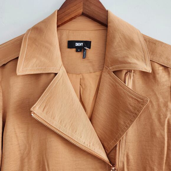 DKNY Carmel Tan Brown Satin Effect Moto Jacket Rose Gold Hardware Size XS - Picture 4 of 8